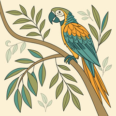 A blue and gold macaw perched on a branch with leaves around it