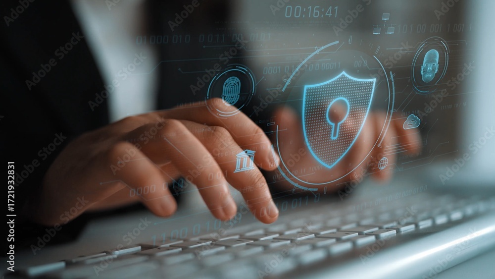 Poster cyber security interface with biometric and ai-powered protection system. cyber security secures acc