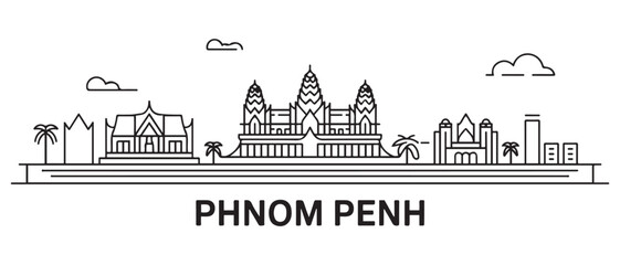 Naklejka premium Phnom Penh Line Art skyline. Black Phnom Penh city. with white background