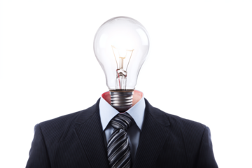 Light bulb head on businessman, idea concept, isolated on white transparent background