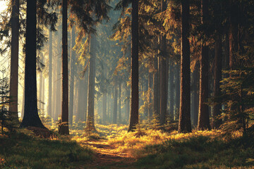 Sunlit forest path misty morning tall trees nature scene