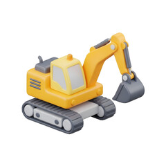 A bright yellow toy excavator with a movable arm and tracks, isolated on a transparent background
