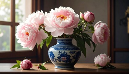 Pink peonies in antique vase