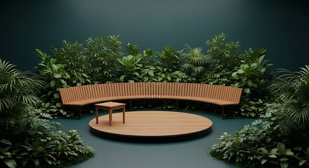 Fototapeta premium Modern Garden Oasis with Wooden Bench and Platform