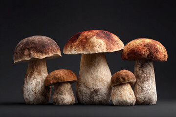 Four porcini mushrooms arranged on a dark background showing size variation