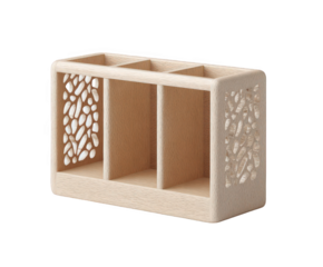 A beige, threecompartment desktop organizer with intricate leaflike cutouts on the sides, isolated on a transparent background, perfect for storing pens, pencils, or makeup brushes