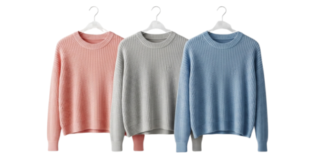  Artistic Display of Three Hanging Sweaters, varied colors, separated by design, minimalist fashion.png
