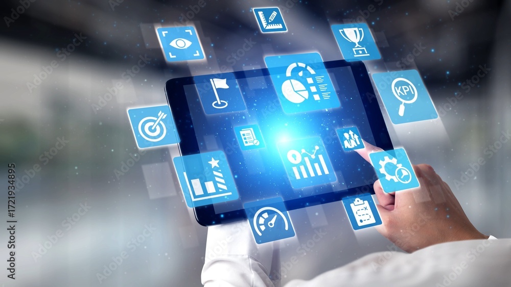 Poster kpi icons show performance metrics, goals, and achievement measurement. kpi helps business track pro