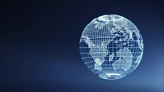 Digital globe with wireframe design on dark blue background.