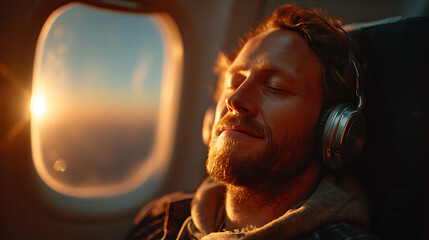 young adult male traveler on airplane closing eyes wearing headset relaxing during flight calm leisure lifestyle portrait travel concept interior scene
