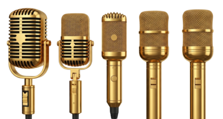 Assortment of Premium Gold Mics, highly reflective, studio quality, isolated on transparent background.png