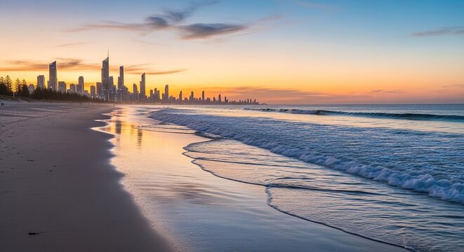 Coastal Cityscape at Dawn: Golden Reflections on Wet Sand and Ge