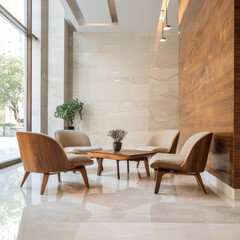 A professional interior design photo that creates a sense of luxury, sophistication, and a calm, welcoming atmosphere. The composition is well-balanced, drawing the eye to the unique furniture and the