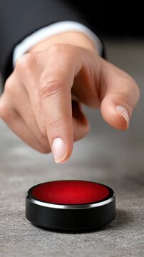 Hand poised above red button, representing an important choice or action, set against a professional office backdrop