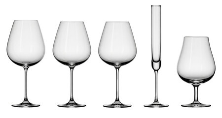  Collection of Diverse Wine Glasses, clear crystal, elegant design, isolated on transparent background.png