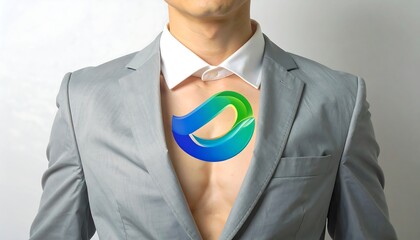 Man in suit with abstract graphic on chest