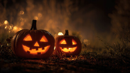A close-up, low-angle shot of three glowing jack-o'-lanterns, placed on a rustic wooden deck covered with scattered autumn leaves. One of the pumpkins has a candle next to it, adding to the warm light