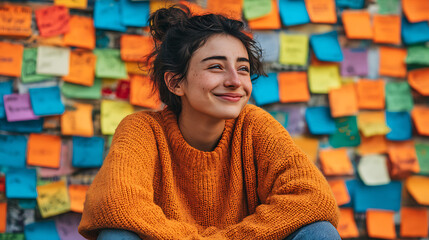 modern workspace and creativity concept featuring young woman in orange sweater smiling joyfully sitting in front of colorful sticky notes wall vibrant and inspiring