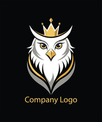 A modern and royal logo of a wise owl with a golden crown.