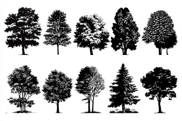Twelve black silhouettes of various trees on white background nature illustration tree shapes foliage plants