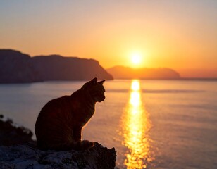 Silhouette cat watching sunrise over sea