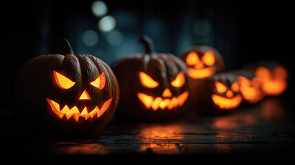 A close-up, low-angle shot of three glowing jack-o'-lanterns, placed on a rustic wooden deck covered with scattered autumn leaves. One of the pumpkins has a candle next to it, adding to the warm light