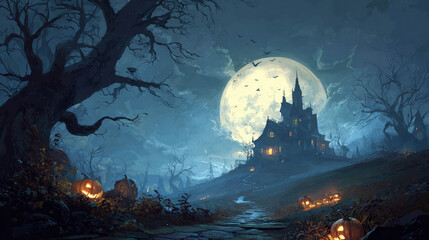 Fototapeta premium A dramatic and eerie digital painting of a haunted mansion on a misty hill at night. The foreground is a twisted path leading up to the house, flanked by gnarled, shadowy trees. The house itself is a 