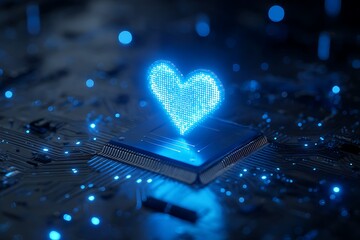 Glowing blue digital heart symbol illuminates a futuristic circuit board with bokeh lights