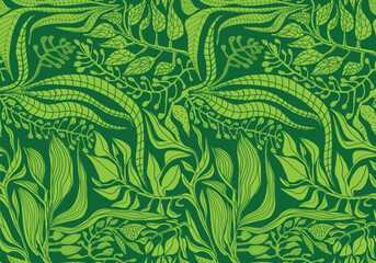A vibrant green foliage pattern featuring intricate leaves and snake-like designs, creating a rich, organic texture.

