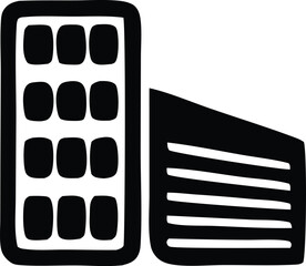 Simple black and white icon of an ice cube tray next to a sliced cake representing desserts and frozen treats fun food graphics