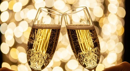 Celebration toast sparkling wine champagne flutes golden bokeh background for new year or anniversary