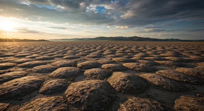 Cracked earth formation under a dramatic sky at sunset