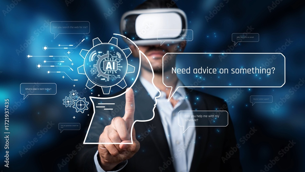 Poster a professional man interacts with a virtual reality interface, seeking advice on ai concepts. the hi