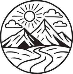 Circular line art illustration of a sunny mountain landscape with winding river