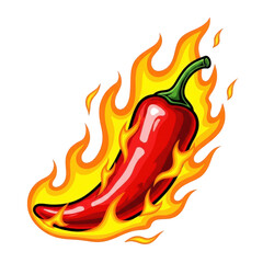 Fiery Red Chili Pepper Engulfed in Flames A Dynamic Illustration of a Spicy Chili Pepper Surrounded by Bright Orange and Yellow Fire on Transparent