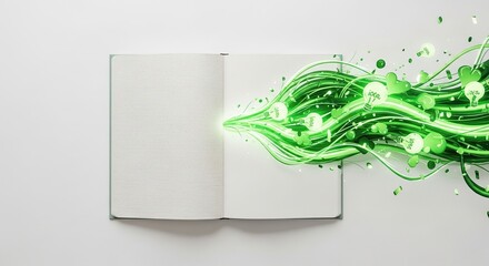 Open book with creative ideas and inspiration flowing out of it for writing and innovation concept
