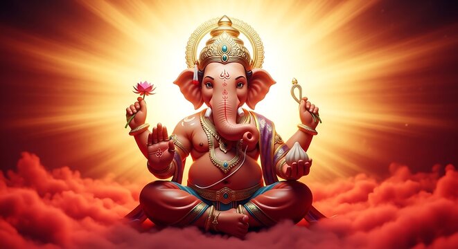 Ganesha seated in meditation with lotus and modak - Powered by Adobe