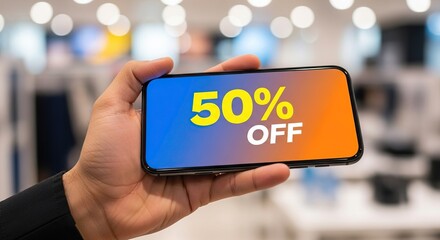 Promotion sale discount on mobile phone device offer with marketing advertising retail shop fifty percent