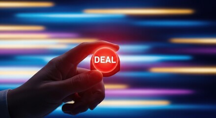 Find the best offer concept with hand holding glowing button for promotion and special bargain offer