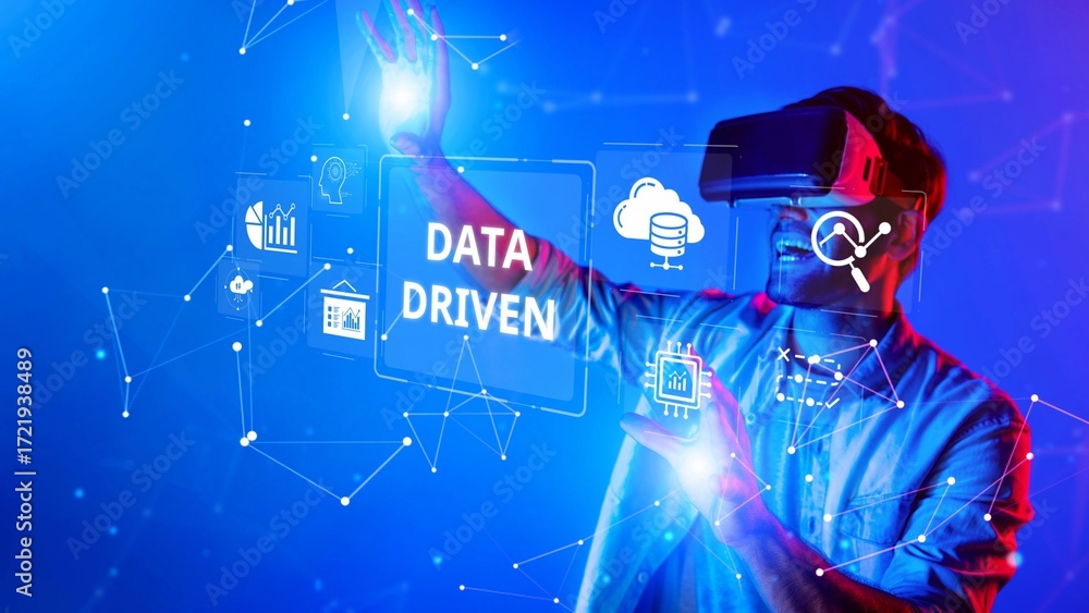 Aufkleber a young man interacts with immersive virtual reality technology, surrounded by vibrant graphics emph
