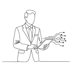 Businessman Tablet Technology Continuous Line Art Vector | Digital Innovation, Modern Corporate Work