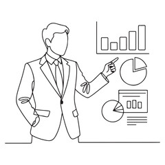 Line Drawing of Businessman Presenting Charts and Graphs – Corporate Analytics and Growth Concept