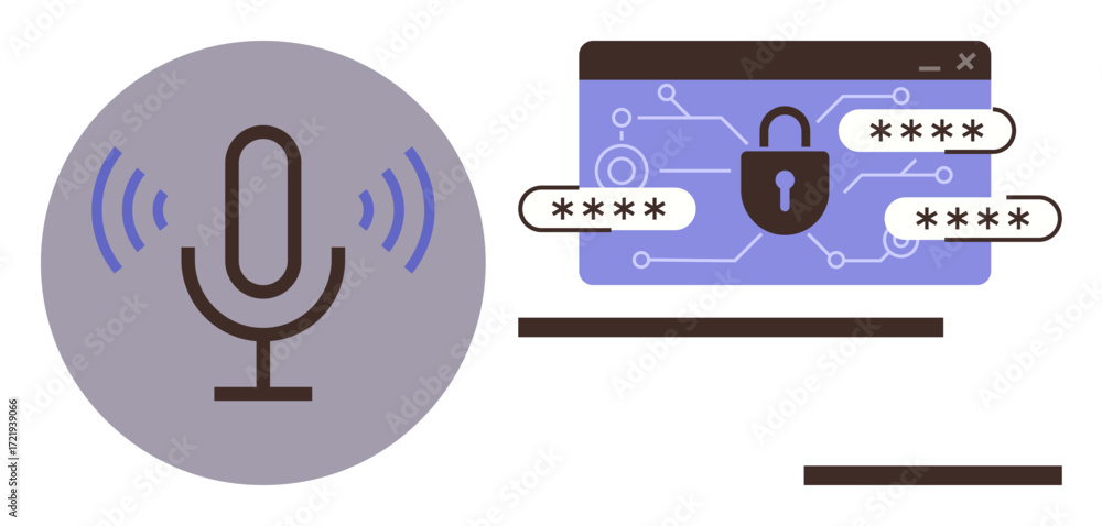 Poster microphone with sound waves and digital login screen with padlock and passwords. ideal for security,