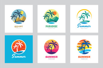 Summer travel vacation concept business logo set vector illustration in circle shape. Paradise beach coast color graphic signs. Graphic design elements.	