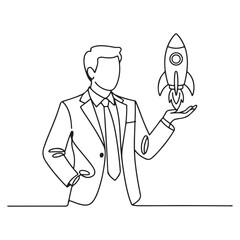 Line Drawing of Businessman Holding Rocket Icon – Startup Growth and Innovation Illustration