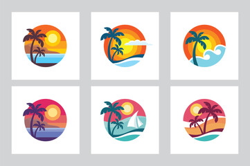 Summer travel vacation concept business logo set vector illustration in circle shape. Paradise beach coast color graphic signs. Graphic design elements.