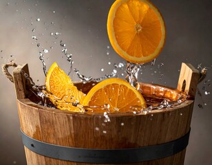 Fresh orange slices in a wooden bucket with splashes
