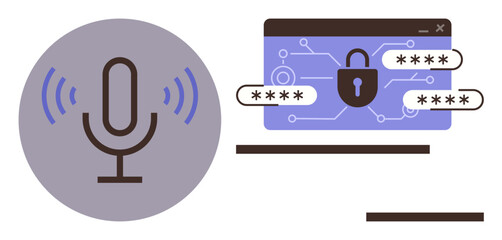 Microphone with sound waves and digital login screen with padlock and passwords. Ideal for security, AI, technology, privacy, cybersecurity, voice command, authentication. Simple flat metaphor