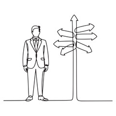 Continuous Line Art of Businessman Standing Near Multiple Direction Arrows – Career and Decision Concept