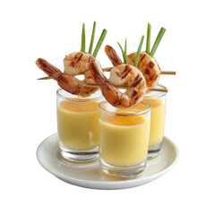 Four grilled shrimp appetizers served in shot glasses with yellow sauce and garnished with green chives, isolated on transparent background